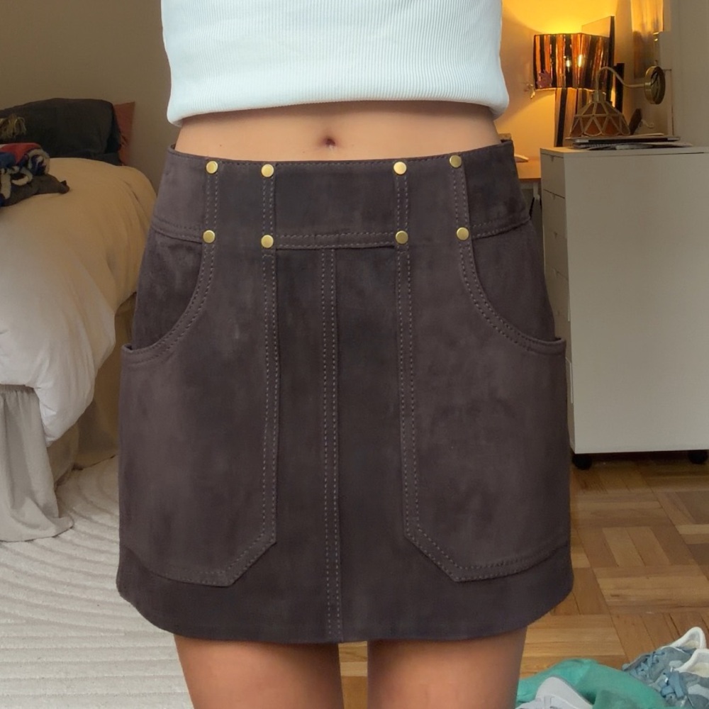 Genuine Suede A-Line Mini Skirt in Dark Brown Michael Kors